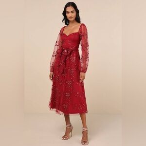 NWT Lulus Darling Charisma Wine Red Mesh Embroidered Midi Dress